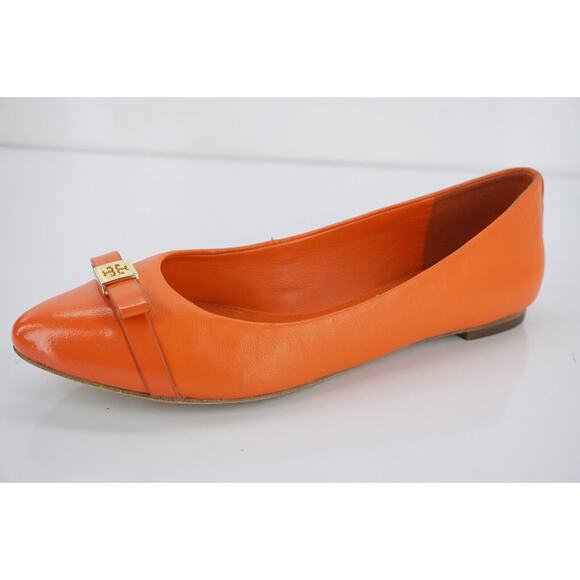 Tory Burch Hugo Pointy Toe Ballet Flats SZ 5.5 New Tiger Lily Leather Gold Logo - Picture 1 of 11